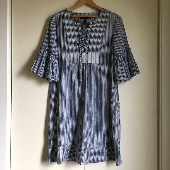 BCBGmaxazria Blue and White Striped Bell Sleeve Cotton Dress - Picture 2 of 16